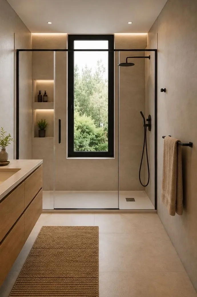 El mismo baño con ducha a ras de suelo, mampara y hornacinas iluminadas