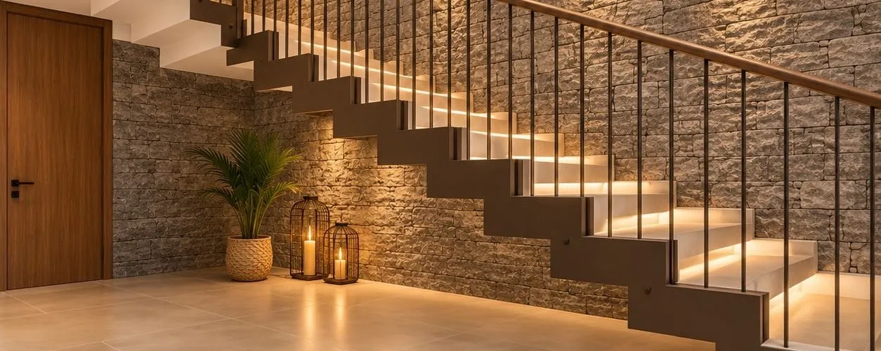La escalera terminada, con peldaños iluminados y pared de piedra